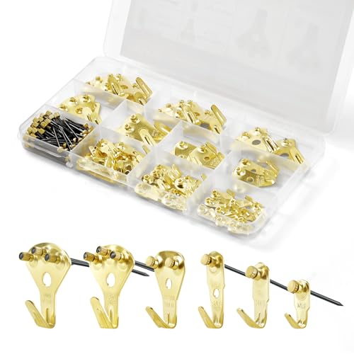 Image of VEVOR 130 Pieces Picture Hanging Kit, 10lb, 20lb, 30lb, 50lb, 75lb and 100lb Picture Hangers, Metal Pictures Hanging Hooks with Nails for Mirror, Painting, Photo Frame on Drywall & Wooden Wall, Gold