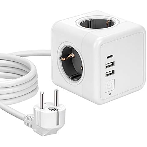 Satmonun Multi-socket cube USB, 5-way power strip power cube (2400 W/10 A), socket cube multiple plug, 2 USB chargers (15 W/3.1 A) and 1 type C port, 1.5 m cable for office, home, travel Cover