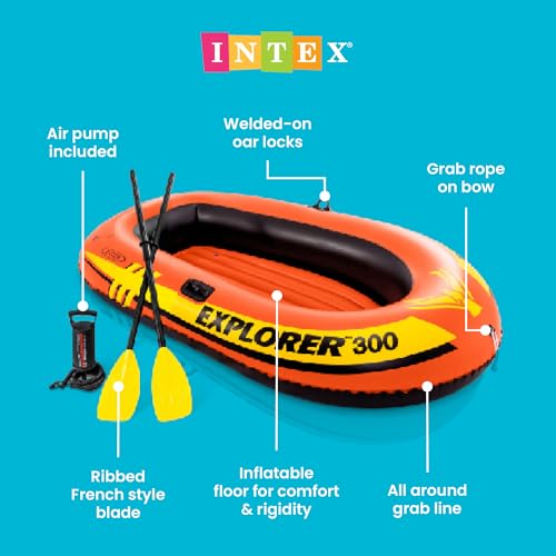 Image of Intex Explorer 300, 3-Person Inflatable Boat Set with French Oars and High Output Air Pump