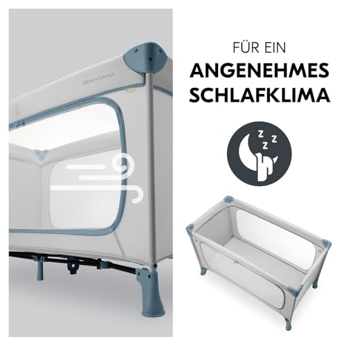hauck Dream N Play Plus, Dusty Blue - Kinderreisebett mit Transporttasche - Großer Schlupf zum Spielen - Klein Zusammenklappbar - Baby Reisebett Kleinkind ab Geburt bis 15 kg