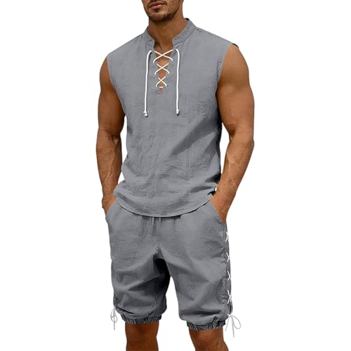Haut sans manches homme laçage col montant et pantalon court assorti plage