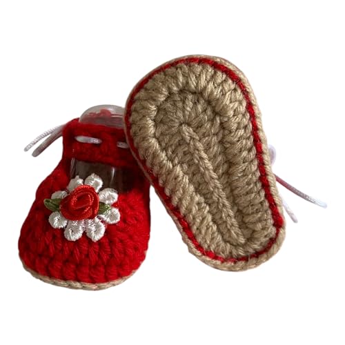 Handmade Baby Girl Crochet Mary Jane Shoes, Red Cotton with Floral Design, Soft Booties for Newborn3