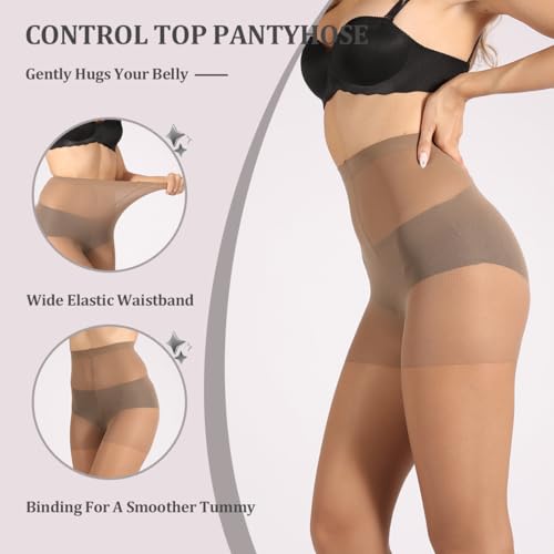 Image of MERYLURE 3 Pairs Women's Sheer Tights - 20D Ultra Thin Control Top Pantyhose with Reinforced Toes
