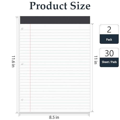 HAUTOCO 2 Pack 8.5 x 11 Legal Pads White Wide Ruled Notepads Perforated Writing Pads, 30 Sheets Per Notepad, 3-Hole Punched Paper, Writing Note Pads for School, Home, Office, Business