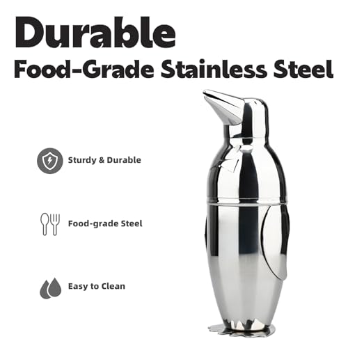 MeowvCraft Penguin Cocktail Shaker, Bartender Shakers 17oz with Built-In Strainer, Unique Design Stainless Steel Martini Shaker Professional Bar Mixology Tool, Sliver Drink Mixer Bartending Essential