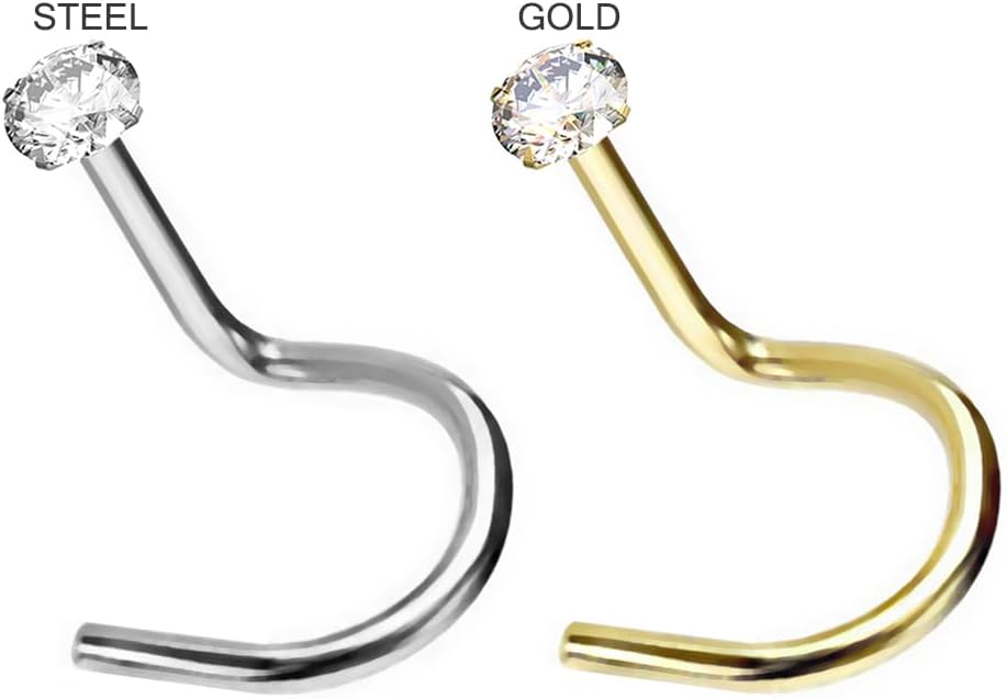 Round Cz Stone 20 Gauge 316L Surgical Steel Corkscrew Twist Nose Screw - Tiny Nose Stud - Nose Piercing Body Jewelry