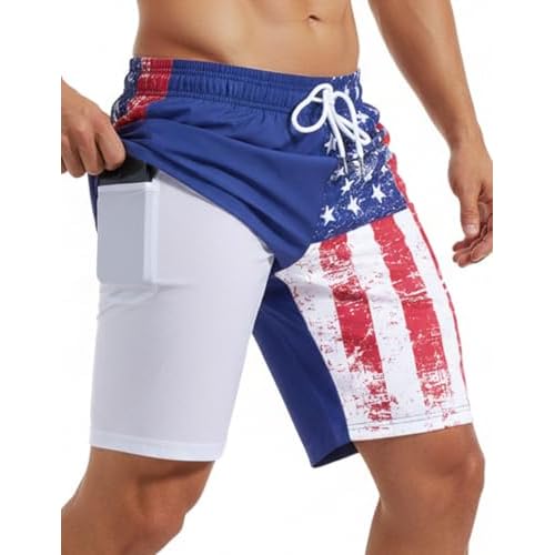 9 Inch Men Swim Trunks with Compression Breathable Liner Quick Dry Zipper Pockets for Water Beach Travel Cruise Small Palm Blue