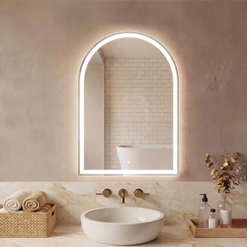 Image of Sweetcrispy 24 inchx32 inch LED Bathroom Backlit Mirror with Lights, Arched Vanity Mirror with Anti-Fog, Dimmable, 3-Color Light, Memory Function, Tempered Glass