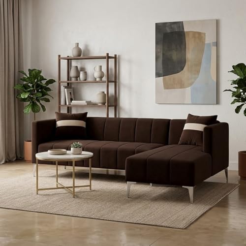 Image of Solomon Luxe Velvet-Suede Fabric 5 Seater RHS L Shape Sofa | Comfortable & Spacious Seating | Modern Sofa for Living Room - Dark Brown