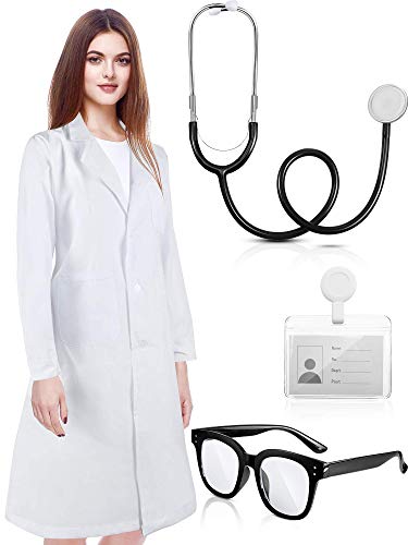 Scientist Costume Set Labcoat Stethoscope Glasses Personalized ID Card Lab Apparatus Cosplay (Women Style, 4 Pieces)