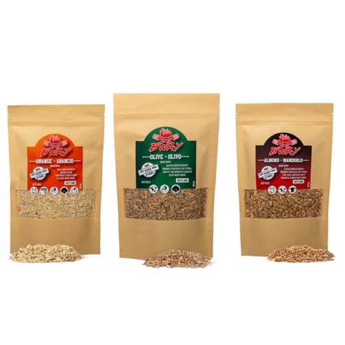 BWAY Trucioli Per Affumicatura Gusto Olivo, Arancio, Mandorlo da utilizzare con Affumicatore Da Cucina | eBook Omaggio con 20 Ricette (3x400 ml)