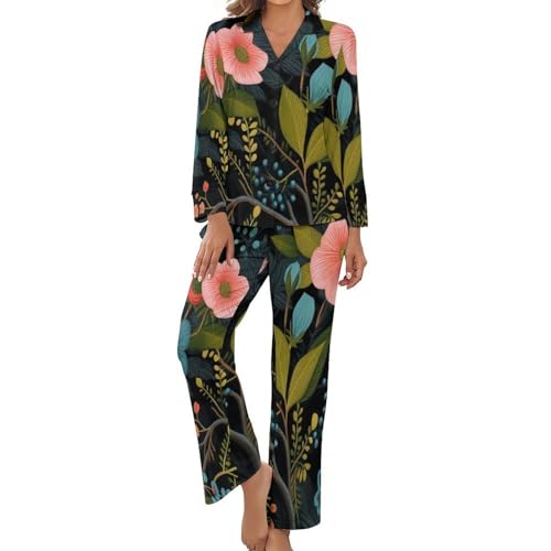 Pyjama pour femme ensemble 2 pièces grande taille avec chemise et pantalon forêt de roses