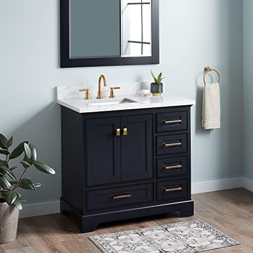 Signature Hardware 483417 Quen 36" Free Standing Single Basin Vanity Set with Cabinet, Vanity Top, and Undermount Sink - 3 Faucet Holes - Midnight Navy Blue/Carrara Marble