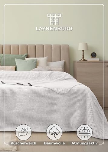 LAYNENBURG Premium Waffelpique Baumwolldecke 150x200 cm - Oeko-TEX 100 - Baumwollmix Kuscheldecke - Decke als Wohndecke, Sofa-Decke & Couchdecke - Wolldecke kuschelig-warm aus Baumwolle (Creme)