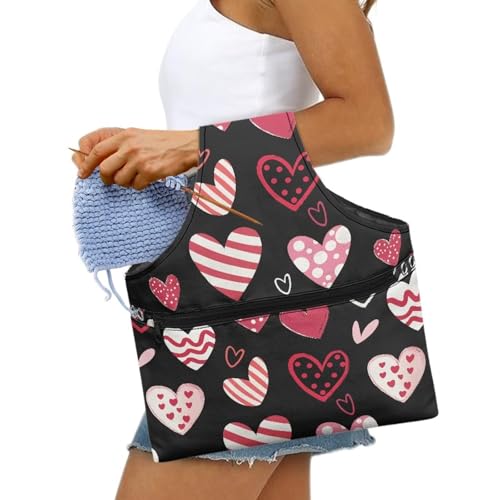 Image of KUIFORTI Cute Heart Yarn Bag Knitting Crochet Bag Yarn Storage Bag Organizer Valentines Day Gifts for Women Girls Wrist Bag, Yarn Tote Bags for Crocheting Love Heart Print