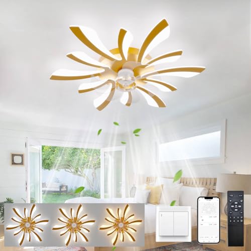 LJX Ventiladores de Techo con Luz y Mando a Distancia Silencioso DC Lampara de Techo Dormitorio Ventilador Temporizador Regulable Reversible Ventilador Led Techo, Dorado