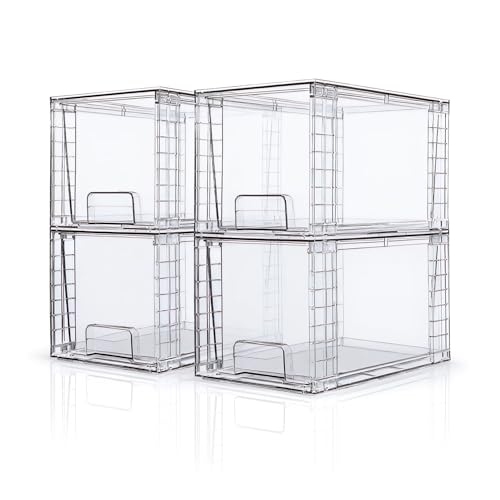 XWYWX 4 Tiroirs De Rangement Empilables Moyens, Organisateurs En Acrylique Clair Avec Poignées, Faciles À Assembler Pour Salle De Bain, Cuisine, Sous-Évier, Placard, Maquillage, Garde-Manger