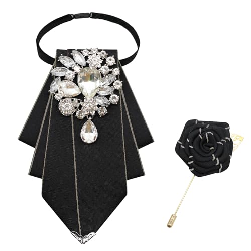 GHTIYLP Bow Ties for Men Vintage Rhinestone Bow Tie Brooch Set, Adjustable Bowties Men for Wedding Party Business (Black)