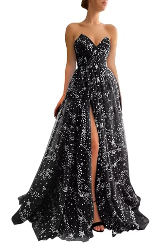 UZN Women's Sparkle Starry Tulle Prom Dresses Strapless Long Formal Evening Party Gowns with Slit