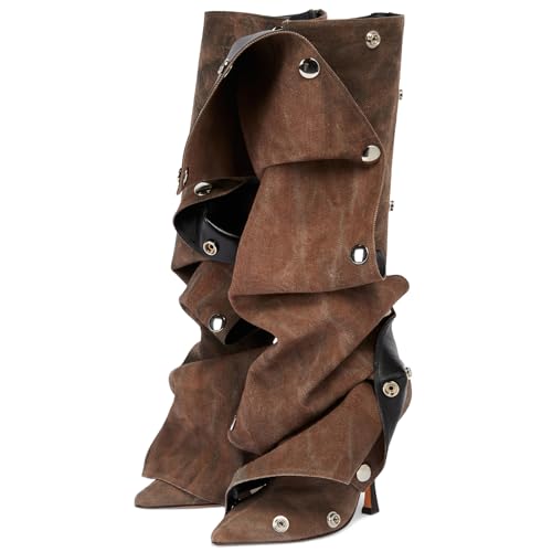 Yishaweiqi Women's Denim Slouch Ruched Knee High Boots Back Zip Stiletto Heel Boots Pointed Toe Studs Fashion Boots