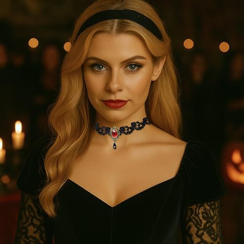 Gothic Black Choker Lace Necklace Royal Court Vampire Choker Necklace with Red Rhinestone and Black Teardrop Pendant Halloween Costume Jewelry for Women2