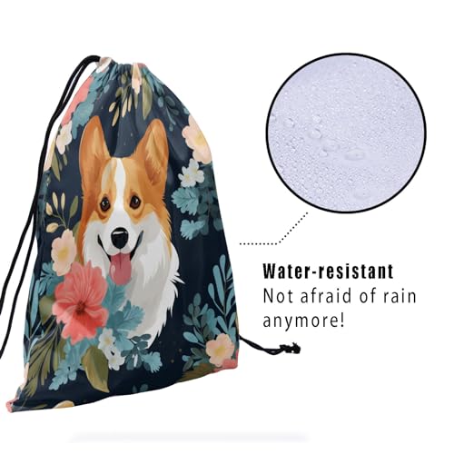 Image of Nerxy Floral Corgi Gymnastics Grip Bag - Corgi Dog Drawstring Grip Bags Puppy Shoe Bag Flowers Gym Drawstring Storage Pouch for Sports Party Favors