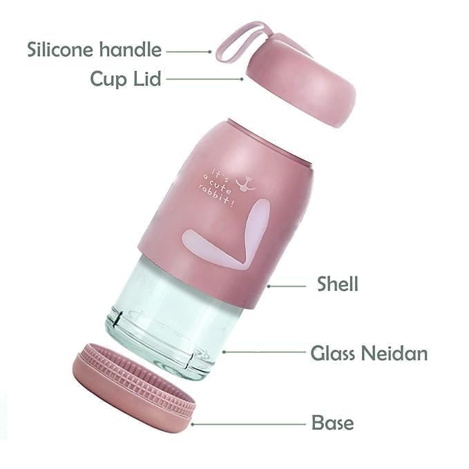 Image of Aider Rabbit Glass Water Bottle 350ml for Kids & Girls | Cute Bunny Printed Water Bottle with Leakproof Lid | Portable Hot & Cold Drinking Bottle for School, Office, Travel