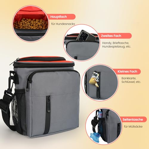 Leckerlitasche für Hunde, Futterbeutel Hundetraining mit Reißverschluss, Gürteltasche für Hunde mit Kotbeutelspender, Leckerlibeutel im für Reisen, Spaziergang