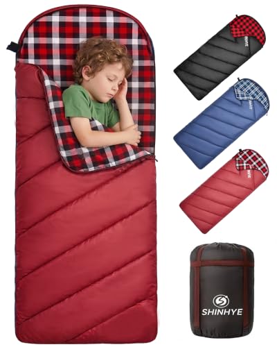 Saco de dormir para niños ShinHye para clima frío (45°F) - Ligero, impermeable y compacto de franela para camping. Ajuste para jóvenes 10-12 años (4'7" a 5'5") miniatura 1