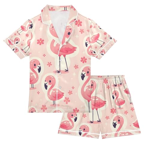 senya Cute Flamingo Pink Satin Summer Pajama Sets Silk Short Sleeve Button Down Sleepwear