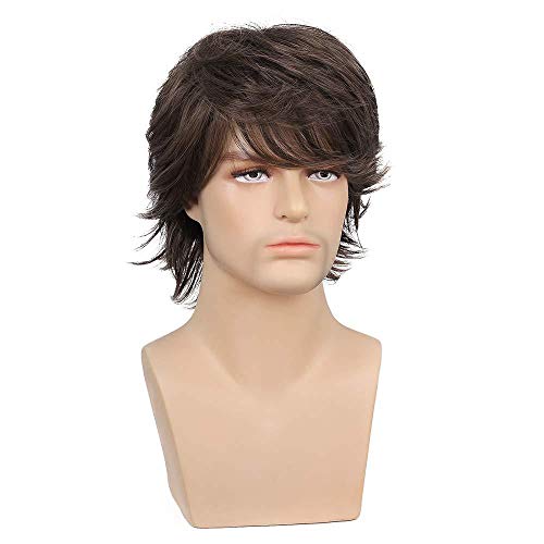 Short Brown Wig For Mens Layered Natural Fluffy Synthetic Hair Wig Heat Resistant Halloween Cosplay With Wig Cap #TOP4