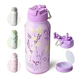 BOTTLE BOTTLE Edelstahl Trinkflasche 1L mit Strohhalm - Auslaufsichere Isolierflasche für Sport & Fitnessstudio, mit Pillenfach, BPA-frei, doppelwandig (Purple Grown)