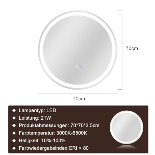 Mursche Spiegel Bad Badezimmerspiegel mit Beleuchtung - LED Badspiegel Rund 70cm Wandspiegel Badezimmer Dimmbar 3000K-6500K mit Touch-Schalter und Entfogger-Funktion 3