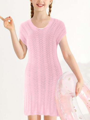 Image of Girls Cut Out Crochet Coverup V Neck Short Sleeve Beach Dress Summer Swimwear Beachwear for 4-13Y