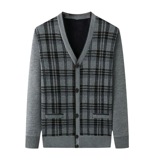 Autumn Winter Men's Fleece Lined Round Neck Warm Button Thick Knit Cardigan