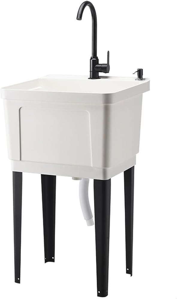 Lavandino autoportante in plastica resistente con rubinetto girevole e dispenser di sapone, grande stazione di lavaggio e drenaggio per lavanderia, cantina, garage (colore: bianco)