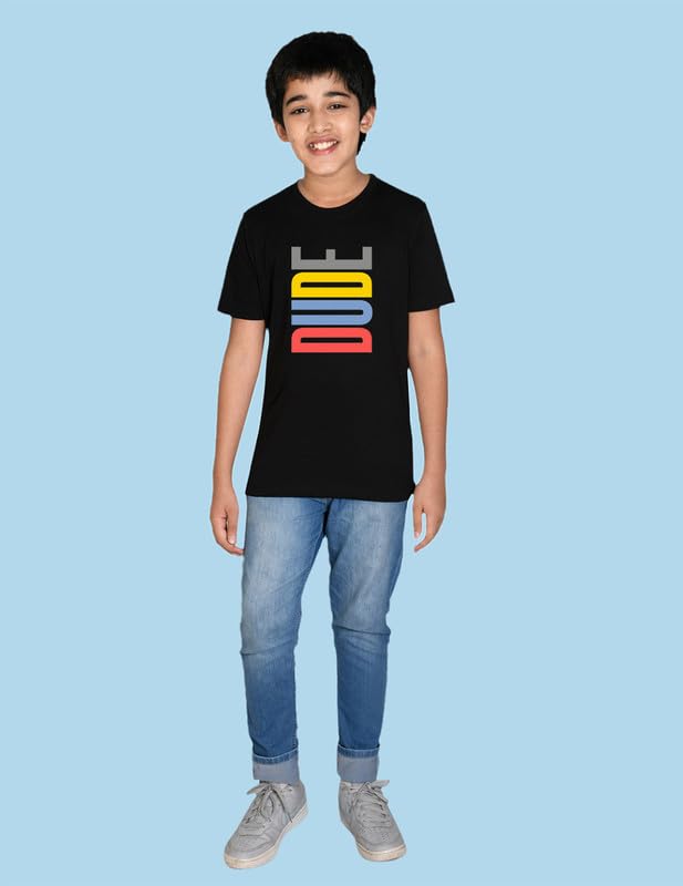 Image of Nusyl Boys Dude Text Printed Half Sleeve Regular Fit Tshirt, Cotton Blend Round Neck T-Shirt,