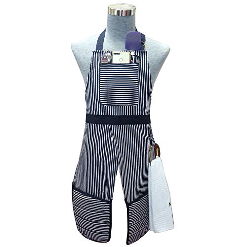 Oven Mitts/Apron Kitchen Heavy Fabric Adjustable Neck Strap Bib Extra Long Ties 2 Pockets Cotton Heat Resistant Pot Holders Oven Mitts Towel Loop Women Men Chef Cooking Christmas Gift (Blue Apron)