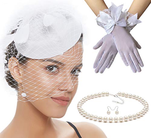 Gionforsy Kentucky Derby Hat Fascinator Veil Fascinator Headband Lace Gloves Imitation Pearl Necklace Earrings Feather Pillbox Fascinator for Wedding Tea Party (Style 1-White)