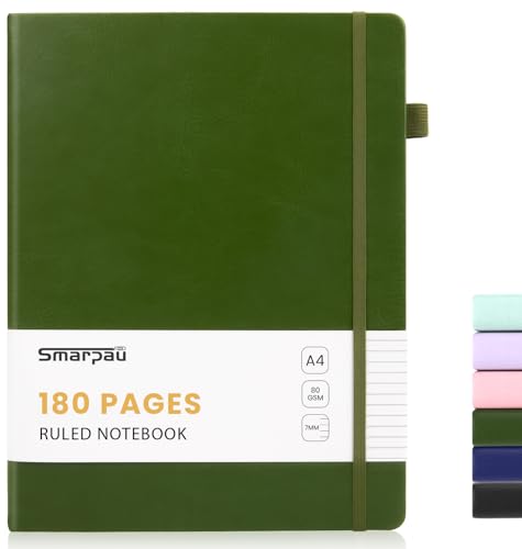 Smarpau Notizbuch Liniert A4 Leichtes Journal Tagebuch mit 180 Seiten 80gsm Papier Notizbücher Innentasche Softcover für Büro Schule Arbeit Frauen Männer 21.3 x 29.5cm - Dunkelgrün