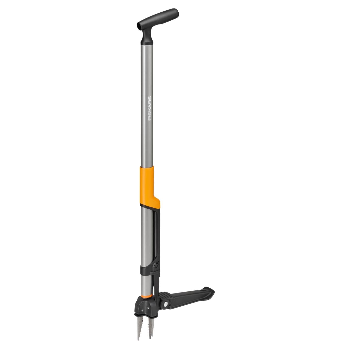 Fiskars Ergonomic Estirpatore di Erbacce | Impugnatura Ergonomica Offset, Sistema di Espulsione, Pedana Pieghevole, Nero/Arancione, 1082708