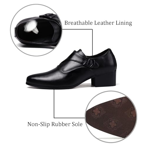 Men's Genuine Leather Chunky Heel Monk Strap Oxford Loafers Fashion Pointed Toe Slip-On Low Top Chelsea Boots Dress Heels for Business Wedding Party2