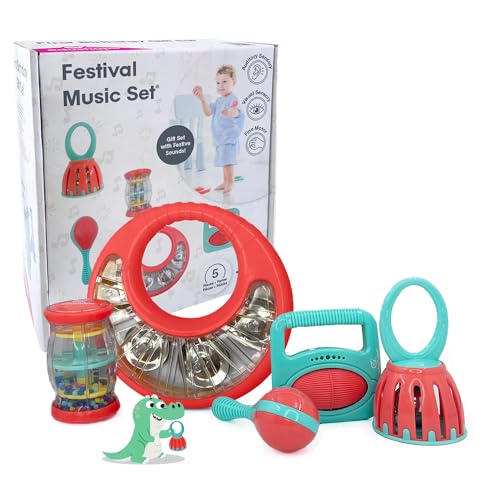 Edushape Festival Music Gift Set - Baby Musical Instruments Include Mini Rain Stick, Crackle & Roll, Bell, Tambourine, Maracas - Interactive Baby...