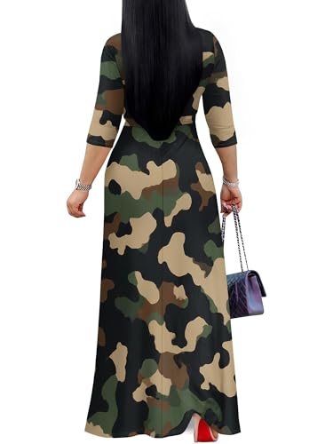 Image of Plus Size Dresses for Women Print Maxi Dresses 3 /4 Sleeve with Belt