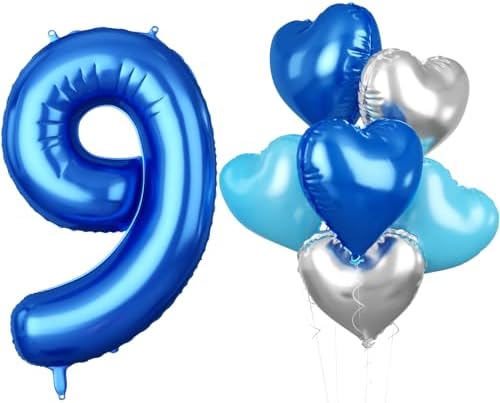 Biapian 40 Inch Blue Number 1 Balloons, 7PCS Large Number One Balloon with Blue Silver Foil Heart Balloons for 1st Birthday Decorations First One Year Boys Girls Baby Shower Anniversary Party Decor