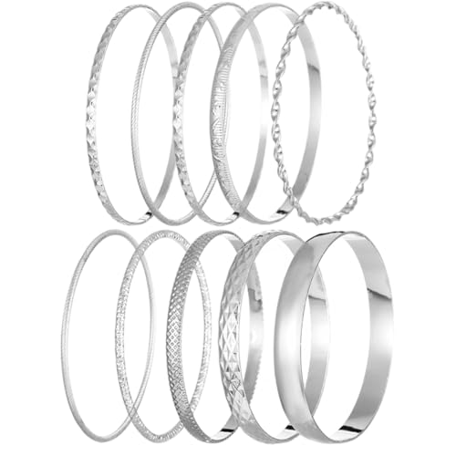 10 PCS Silver Bangles for Women Set Vogue Silver Jewellery Ladies Silvery Bracelets Stackable Womens Bangles Suitable for Women Daily Party Holiday Birthday Gifts