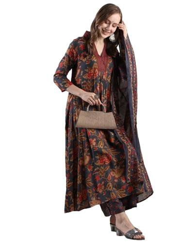 Image of GoSriKi Women's Rayon Viscose Anarkali Printed Kurta with Palazzo & Dupatta