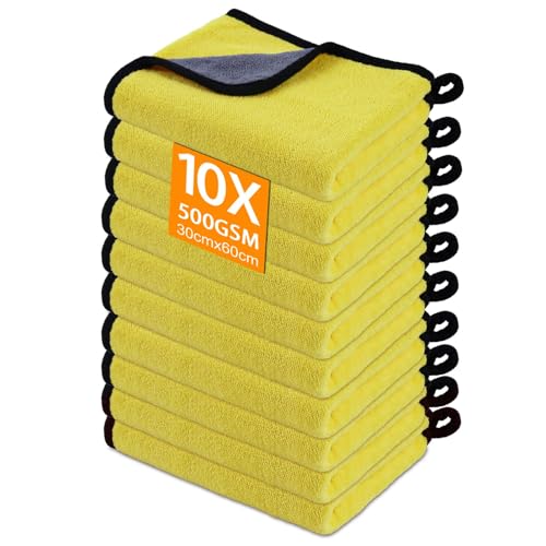Gucass Set de 10 Bayetas Microfibra, Paños de Coche Secado Coche, Absorbentes y sin Pelusas, Versátiles Trapos Limpieza, para Pulir Coches, Cocina (30x60CM, Amarillo)