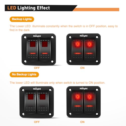 Image of Nilight 2 Gang Rocker Switch Panel SPST On Off Toggle with DIY Label Sticker | 5PIN Electrical 12V /20A 24V /10A Aluminum Plate with Pre-Wired Jumper Wires for LED Light Bar RV Boats 4X4 Cars Red