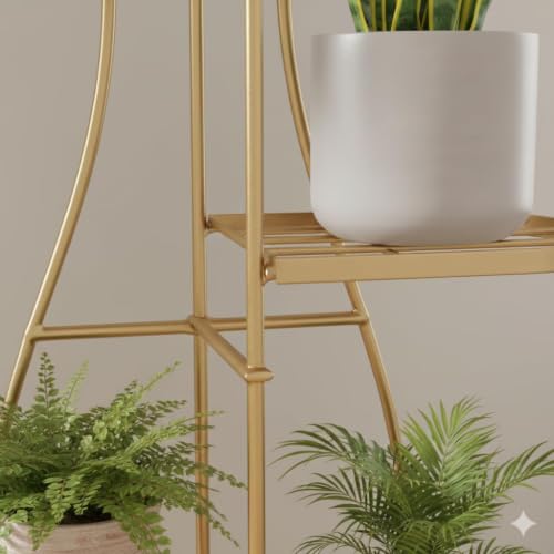 Image of Designer Metal Plant Stand for Living Room | Decorative Leaf Shape Flower Pot Stand | Indoor Outdoor Planter Rack | Modern Plant Holder for Balcony, Home Decor | Gold